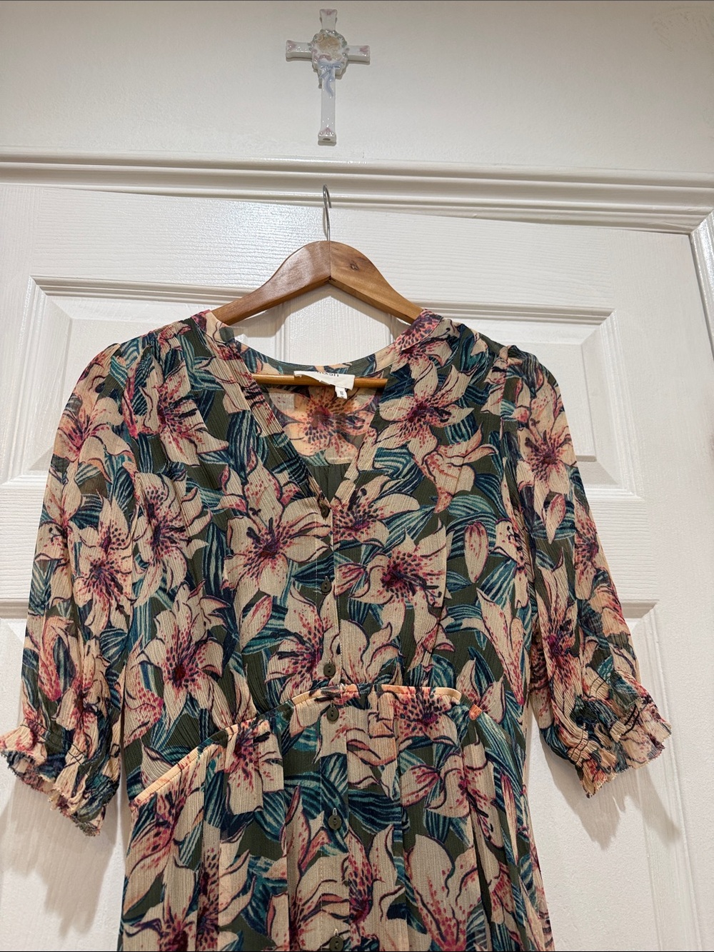 ba&sh Floral V-Neck Tiered Midi Dress in Teal and Blush - Picture 3 of 4